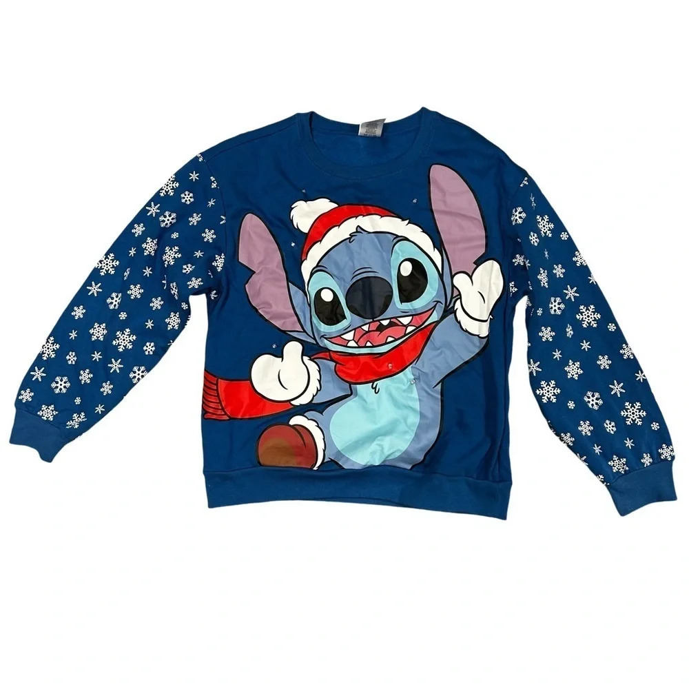 Disney Stitch Blue Juniors Medium Holiday Christmas LIGHT UP Sweatshirt EUC